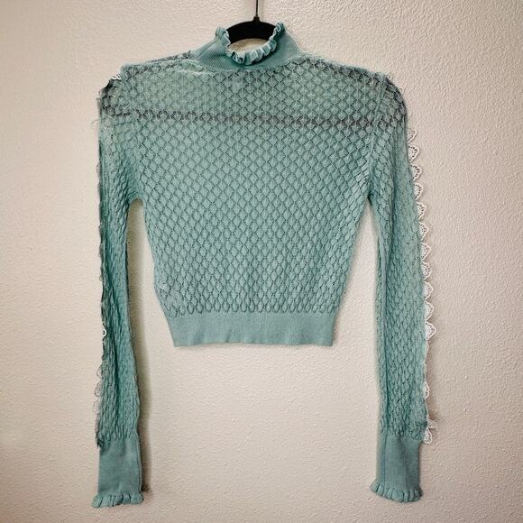 ZARA Aqua Crochet Knit White Lace Stripe Ruffle Neck Crop Sweater S - Picture 11 of 16